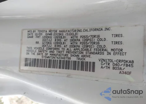 2004 Toyota Tacoma Base V6 from USA, damaged, VIN 5TEWN72N74Z348798